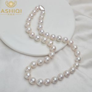 Ashiqi 10-12mm Duży Naturalny Naszyjnik Pearl Słodkowodnych Dla Kobiet Real 925 Sterling Silver Zapięcie White Round Pearl Jewelry Prezent