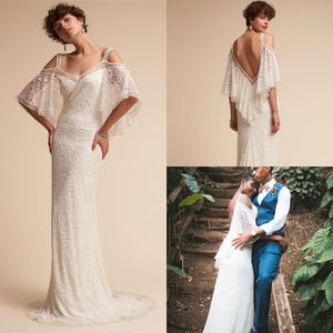 2020 BHLDN Mermaid Wedding Dresses Off The Shoulder Lace Appliques Sweep Train Plus Size Wedding Dress Half Long Sleeve Bridal Gowns 4493