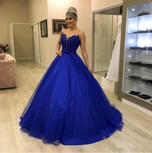 Blue Modest Royal Ball Gown Quinceanera Dubai Arabic Prom Dresses Sheer Neck Sweep Train Formal Dress Pageant Evening Gowns s