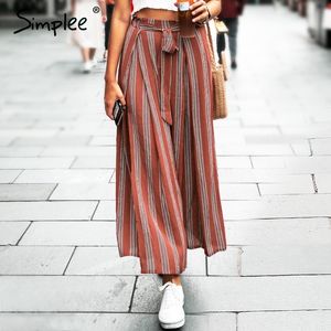 Simplee Split 스트라이프 레이디 넓은 다리 바지 여성 여름 해변 높은 허리 바지 Chic Streetwear Sash 캐주얼 바지 Capris 여성 Y190430