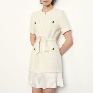 2020 wiosna z krótkim rękawem wokół szyi biały Pure Color Tweed panele z paskiem plisowana sukienka do kolan kobiety modne sukienki W1815218