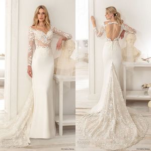 Abiti da sposa a sirena modesti scollo a V manica lunga tulle applique in raso abito da sposa Sweep Train Custom robe de mari￩e