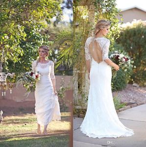 Cheap Long Sleevs Full Lace Bohemian Sheath Wedding Dresses Elegant Open Back Long Beach Boho Country Style Wedding Dress Bridal Gown