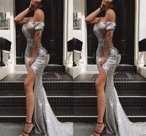 Tanie Sier Sexy Sukienki na studniowe syreny cekinowe z odłamków na ramię wysokie boczne suknie