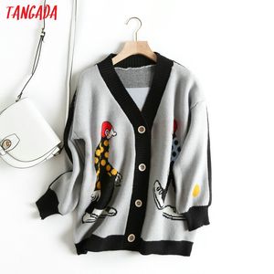 Sweaters Tangada women cute cartoon cardigan sweater long sleeve buttons female thick knit sweaters basic red black grey tops BC21 V191217