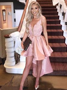 2019 New Arrival Pink Short Homecoming Dresses sexy High Low Satin Lace Appliqued Prom Dresses Cocktail Party Dresses Custom Made