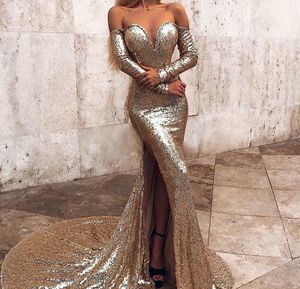 Off the Shoulder Long Sleeve Mermaid Prom Dresses with Split 2019 Gold Sequin Formal Evening Gowns Cheap Cocktail Party Ball Dress