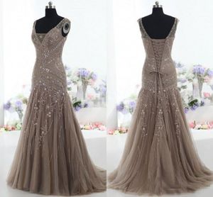 Actual Images Vintage Mother of the Bride Dresses Mermaid V Neck Applique Beads Tulle Corset Custom Mother Dress Formal Evening Gowns