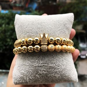 2 sztuk / zestaw Mężczyźni Bransoletki Korona Brukowana Biała CZ Ball Charm Miedź Koralik Macrame Handmade Bangles Dar Walentynki Wakacje Boże Narodzenie