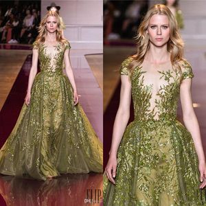 Zuhair Murad Overskirt Evening Dresses With Short Sleeves Sheer Plunging Neck Sequined Prom Gowns Floor Length Formal Dress 4032