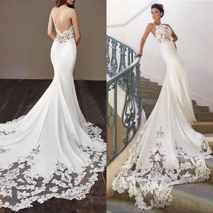 Bedövning Goegeous White Lace Bröllopsklänningar med Spaghetti Straps Mermaid Applique Sequin Beaded Court Tåg Brudklänningar Plus Storlek