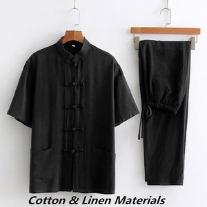 Unisex Tang Suits Men Linen Cotton Summer Short Sleeve Clothing Jacket + Pants Chinese Style Button Chinese martial Art Hanfu