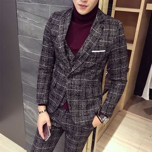 3 Piece Tweed Suit Men Plaid Blazer S 4XL 5XL Khaki Grey Blue Black Groom Wedding Dress Suits Costume Homme Ternos Slim