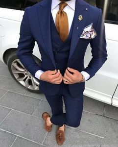 Latest Design One Button Navy Blue Wedding Men Suits Peak Lapel Three Pieces Business Groom Tuxedos (Jacket+Pants+Vest+Tie) W1127