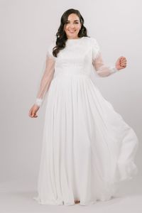 2020 Simples Plus Size Lace Chiffon Vestidos de Noiva modestas com mangas compridas Uma linha de jóias pescoço boho modesto vestido de noiva grande personalizado