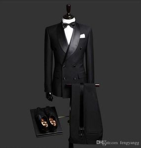 Black Men Suit Shawl Collar Double breasted Wedding Groom Tuxedos Slim Fit Formal Business Suit Groomsmen Best Men Costumes (pants+coat)