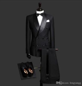 Abito da uomo nero con collo a scialle doppio petto Smoking da sposo da sposa Slim Fit Abito da lavoro formale Groomsmen Costumi da uomo migliori (pantaloni + cappotto)