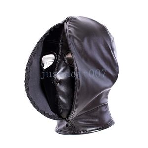 Bondage Full Head Zipper Eyes Nasenlochöffnung Schwarzes Leder Bondage Hood Cosplay Maske Gf #R65