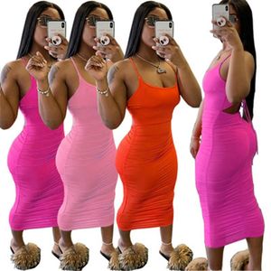 Mulheres Sólida Color Dress Designer Feminino Sexy Dobras Vestidos Casuais Moda Tendão Halter Strap Roupas Solta Vestido Caseiro