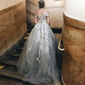 Stunning Elegant Formal Evening Dresses Off Shoulder Short Sleeves Lace Appliques Women Party Gowns Tulle Lace-Up Sweep Train Prom Dresses