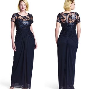 Navy Blue Chiffon Sheath Plus Size Formal Dresses New Style Special Occasion Sequin Lace Short Sleeve Evening Dress Custom SD3412