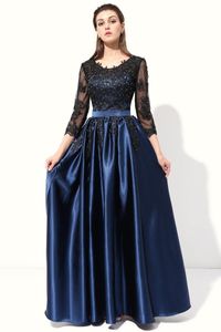 2020 Новый горячий длинное вечернее платье синий с черным кружевом вышивкой 4 / 3Sleeved Банкет мать невесты платья Robe De Soiree