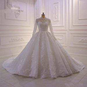 2020 Vintage Muslim Long Sleeve Ball Gown Wedding Dress Bridal Gowns High Neck Lace Appliqued Beaded Plus Size robe de mariee