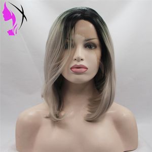 13x4 Kurze Spitze Front Synthetische Perücken Für Schwarze Frauen Ombre Grau Farbe Spitze Frontal BoB Perücke Mit Baby haar Cosplay