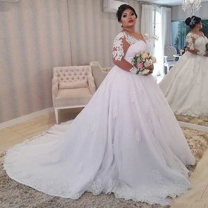 Plus Größe 2020 Hochzeit Kleid V-ausschnitt Spitze Applizierte Strand Outdoor Brautkleider Langarm Brautkleider Vestidos De Novia