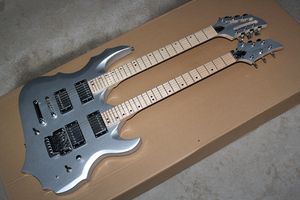 Factory Custom Double Neck Silver Electric Guitar With 6+12 Strings,Maple Fretboard,Chrome Hardware,Offer Customized