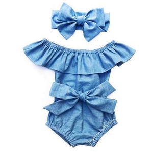 キッズデザイナー服女の子フリルカラーロンパー幼児幼児弓デニムジャンプスーツ2019夏ブティックベイビークライミング服C6537