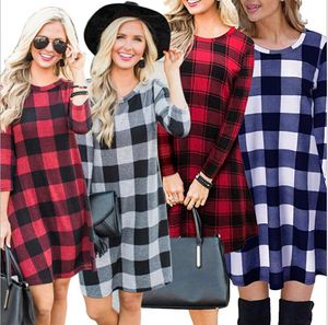 Women Shirt Dress Tartan Plaid Check 3/4 Sleeve Loose Waist Tie Dress Fit Top Buffalo Check Dress