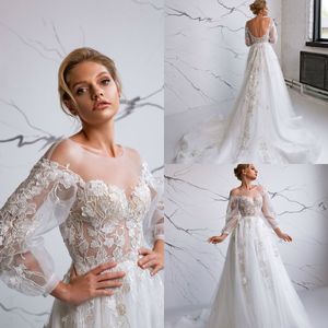 2020 Eva Lendel Sexy Illusion Bodice Wedding Dress Lace Long Sleeve Backless Bateau Bridal Wedding Dresses