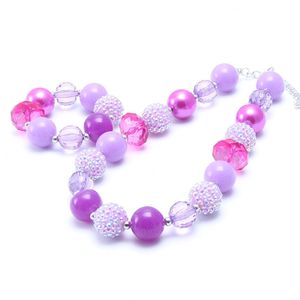 Söt lila chunky pärlor halsband armband uppsättning för barn / barn / flickor mode bubblegum pärlstav smycken satt för fest ny