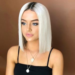 Perucas sintéticas Bob Ombre White Straight com cabelo bebê 180% densidade resistente ao calor 14 polegada curta peruca para mulheres negras fzp152