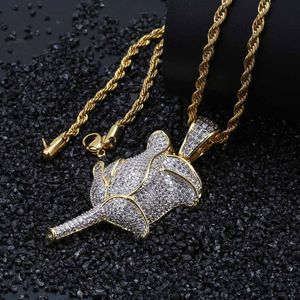 New Fashion Branco banhado a ouro Ice Colar da flor Rose CZ Fora torção cadeia completa diamante Hiphop Rocha Rapper Jóias para as Mulheres Homens Atacado