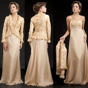 2020 Two Piece Mother Dresses Spaghetti Strap Long Sleeves Appliqued Lace Beaded Wedding Gowns Floor-length Mother Guest Gown With Outsuit