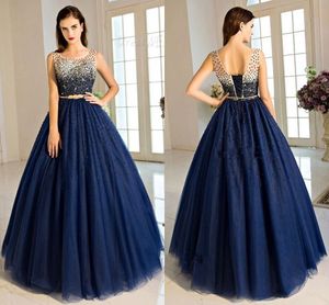 2020 Navy Blue Beaded Formal Dress Вечернее совок Sheer Cap Eleve Corset Back Promes Prompes vestidos de Quinceanera Rabes de Soir￩e