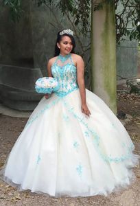 Weiße Quinceanera-Kleider 2019, Spitzenhalter, blaue Applikationen, türkisfarbenes Ballkleid, Tüll, Übergröße, süßes 15-Mädchen-Abschlussball-Partykleid, günstig