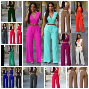 European fashion solid color sleeveless high waist V-neck wide leg pants irregular set belt support mixed batch