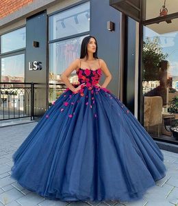 Granatowy plus size arabia quinceanera sukienki spaghetti paski 3D kwiatowy aplikacje formalne suknie wieczorowe Suknie słodkie 16 Sukienka Vestidos