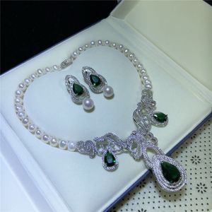 Charming Micro inlay green zircon clasp accessory luxury white freshwater pearl earrings necklace set fashion jewelry