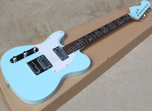 Guitarra elétrica azul canhota por atacado com captadores de ferro, escala de jacarandá, pickguard branco, pode ser personalizado