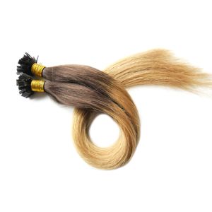 Hot Ombre Virgin Pre Bonded Nail U Tips Hair Extensions 100s Keratin Fusion Nail Tips Mänskliga hårförlängningar Virgin Indian Rak Remy T6 / 613