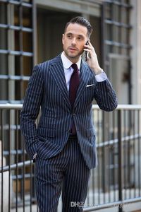 Customize Azul marinho Stripe Man negócio terno ternos Trabalho Noivo Smoking Mens roupas de casamento Ternos (jaqueta + calça + gravata) D: 12