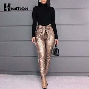 2020 Women Glitter Sequins Belted Skinny Pants Bow Tied High Waist Pockets Design Pencil Pants 