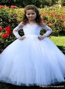 Princess New Lovely Flower Girls Dresses Sheer Neck Lace Appliques Tulle Sleeves Ball Gown Long Birthday Child Girl Pageant Gowns s