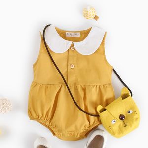 신생아 유아 아기 소녀 귀여운 인형 칼라 버튼 민소매 romper 여름 단색 컬러 Jumpsuit 면화 및 린넨 복장 옷