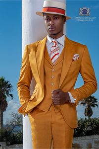 Sarı Damat Smokin Tepe Yaka Sağdıç Düğün Smokin Moda Erkekler Örgün İş Balo Yemeği 3 Parça Suit (Ceket + Pantolon + Kravat + Yelek) 21