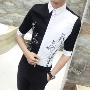 Primavera Verão Smoking Camiseta 2019 Moda Contraste Cor Casual Homens Vestido Camisas De Bambu Impressão Slim Fit Camisas De Menos Dress